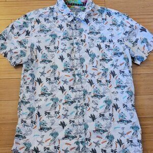 Huntington Beach Club Men's Short Sleeve Button Up Beach Print Shirt Sz L